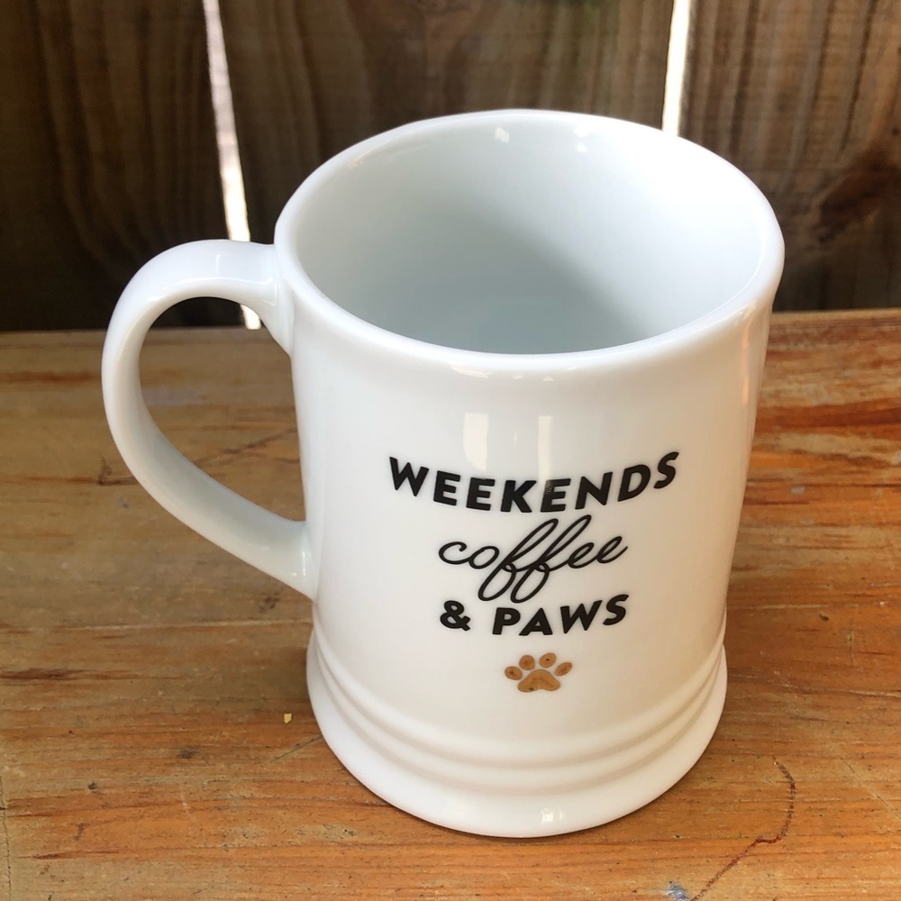 Fringe Studio White Glossy Mug Black Print Weekends Coffee & Paws Gold Paw Print